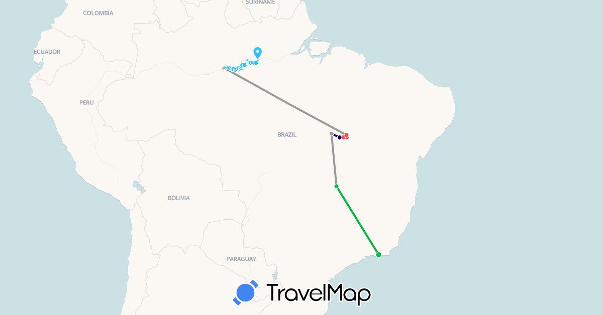 TravelMap itinerary: driving, bus, plane, hiking, boat in Brazil (South America)